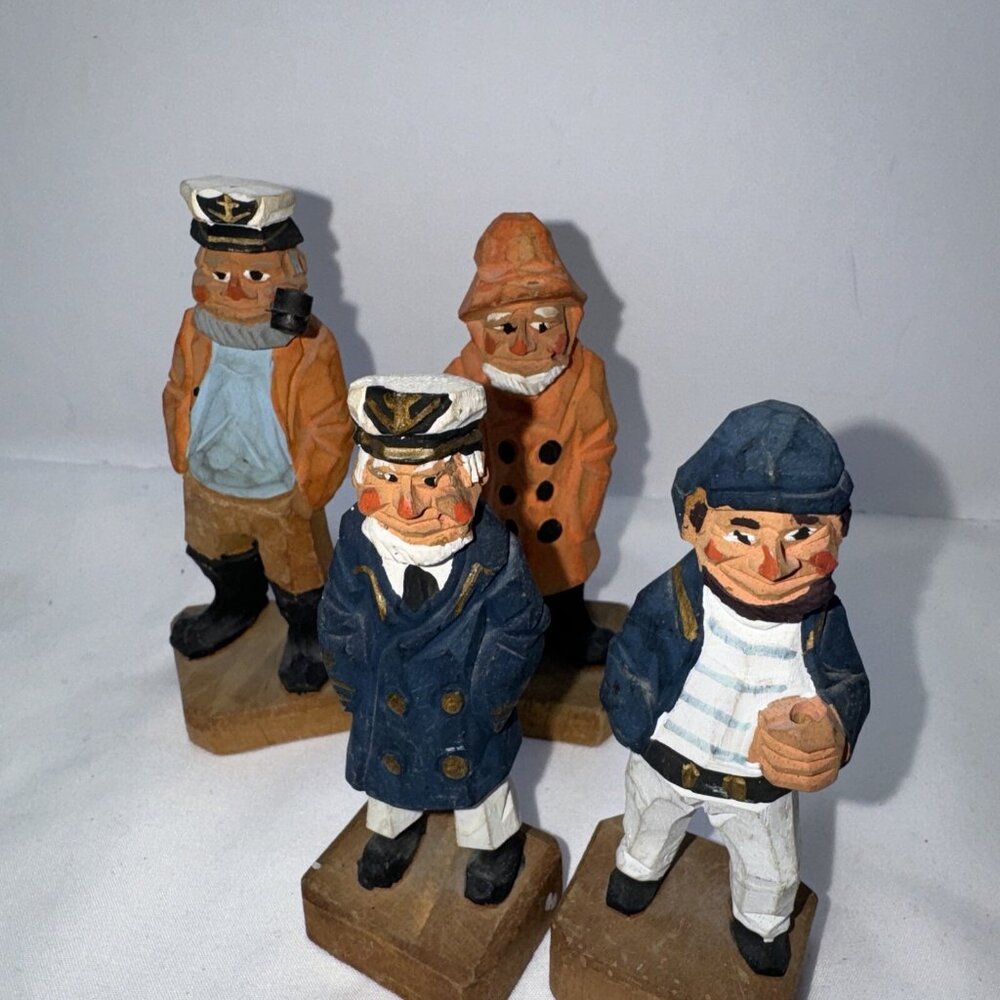 Vintage Hand Carved Wooden Captains Figurine Nautical Trinket Fisherman Marked